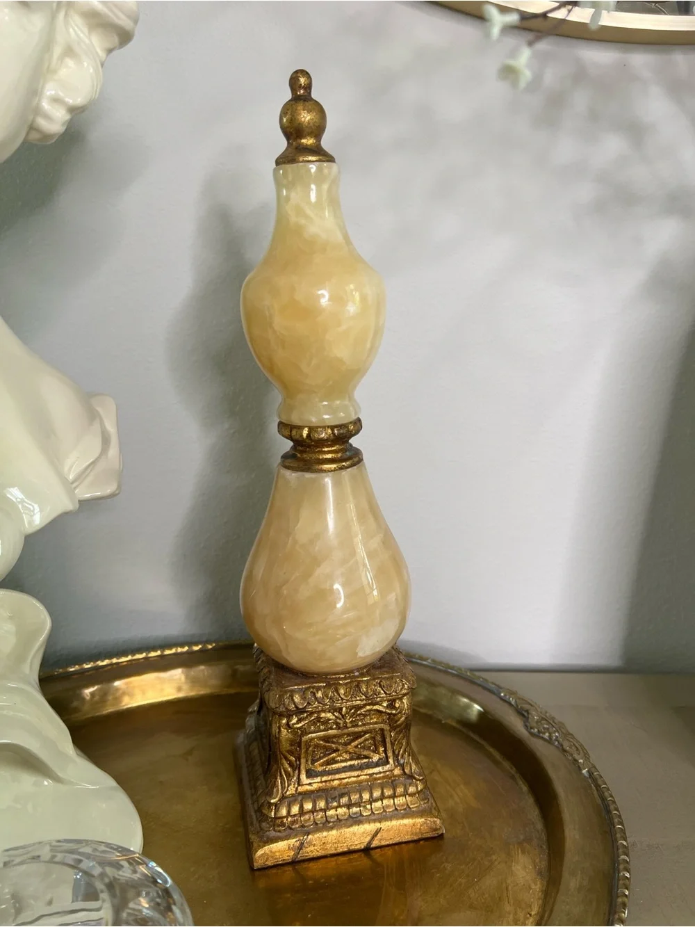 Vintage Decorative Cream and Gold Onyx Finial Accent Heavy - Home Accents